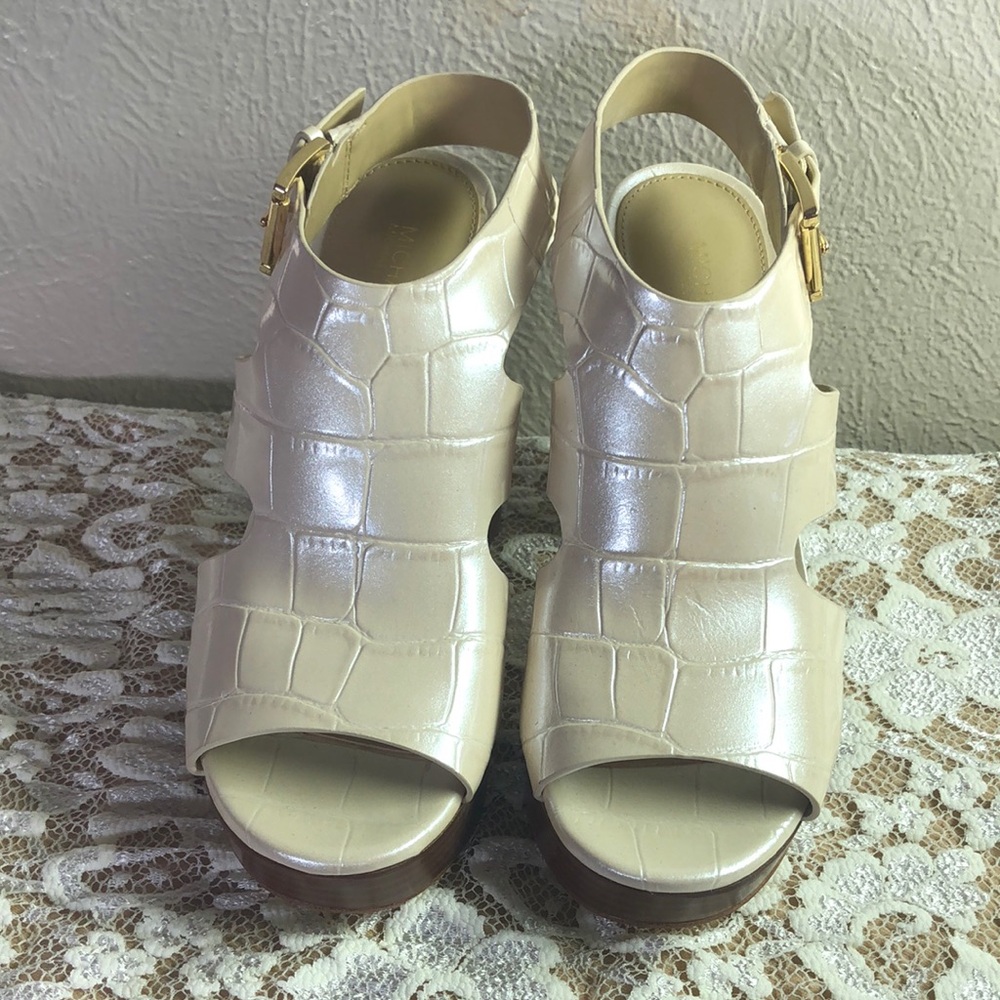 MICHAEL Michael Kors Cream Wedge Sandals with Textured Straps